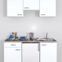 Weiße Flex-Well Miniküche Wito 150 cm mit Spüle, Kochfeld, Kühlschrank und Hängeschränken.