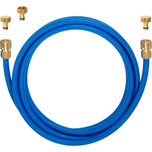 Geka Trinkwasser-Set mit blauem Schlauch und Messing-Anschlüssen für Caravan und Garten.