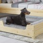 Hund liegt im hellen Erst-Holz Haustierbett 80x50 cm aus Kiefer mit Rollrost.