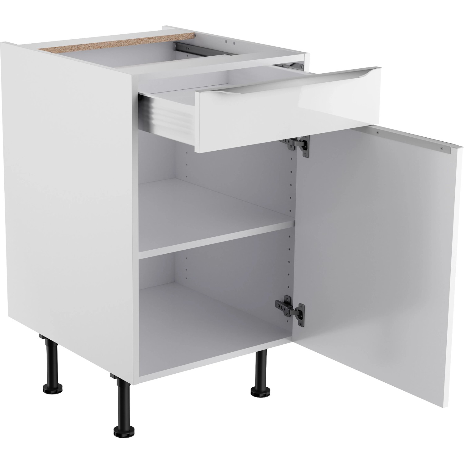 Weißer Optifit Unterschrank Arvid986 (50 cm) mit Schublade und Tür, ideal für die Küche.