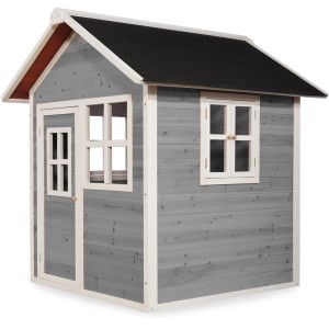 Graues EXIT Loft 100 Holzspielhaus mit Tür und Fenstern. Ideal für Kinder zum Spielen im Garten.