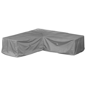 Graue Schutzhülle für eine L-förmige Loungegruppe mit den Maßen 270x270x80 cm.