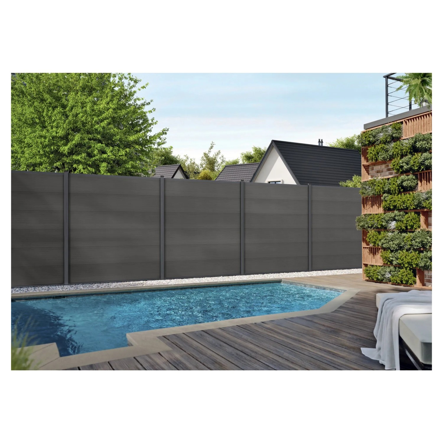 T&J WPC Steckzaunbrett Max-XL, charcoal, als Sichtschutz am Pool im Garten.