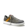 Elten Sicherheitshalbschuh Breezer Grey Low ESD S1, Größe 43. Grauer Arbeitsschuh mit Stahlkappe und gelben Akzenten.