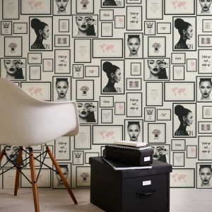 Bricoflor Jugendzimmer Tapete mit Mode Motiven in Schwarz-Weiß und Rosa für Mädchen.