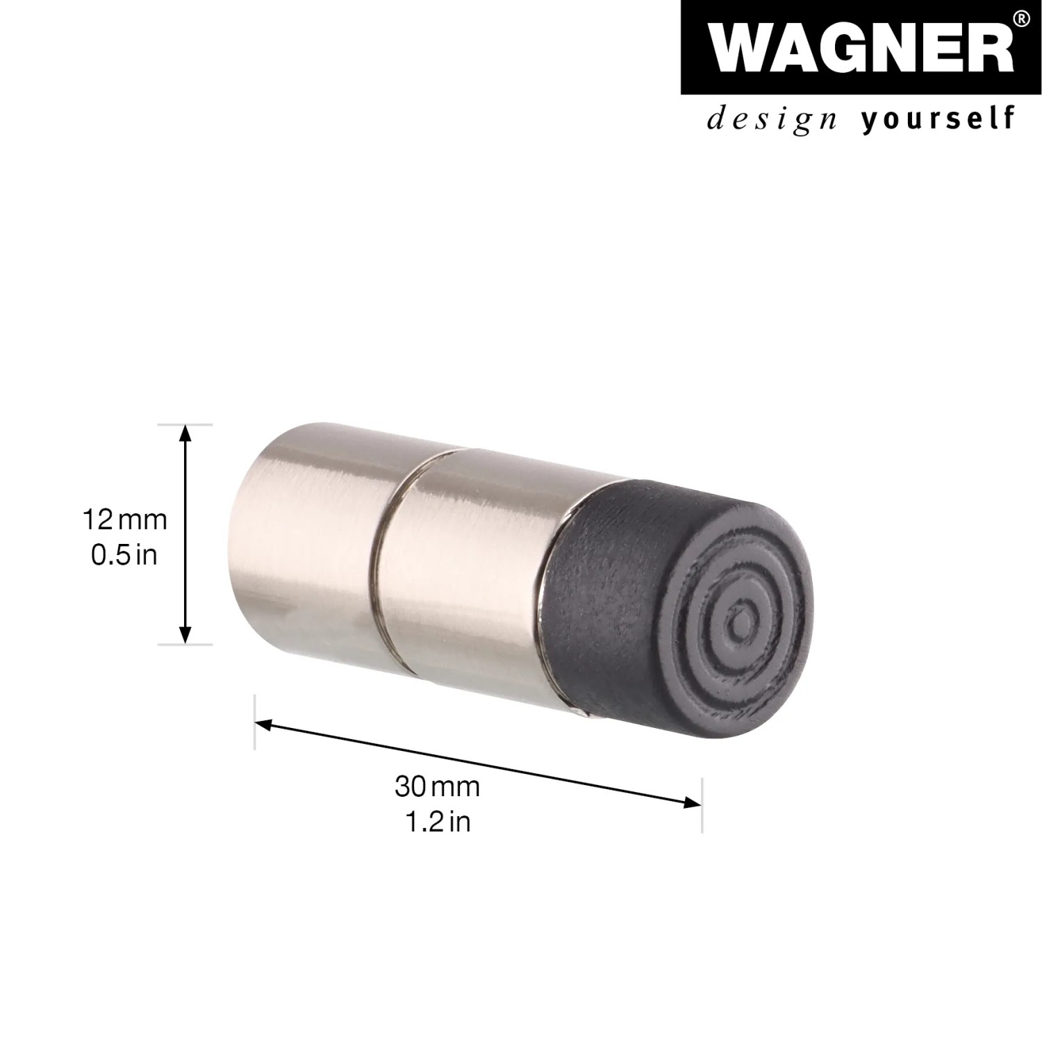 Wagner Wandtürstopper aus Zinkdruckguss in Edelstahloptik mit schwarzem Elastomer.