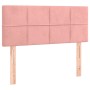 Rosa Boxspringbett Kopfteil aus Samt, 90x190 cm. Bett mit gestepptem Kopfteil und Holzfüßen.