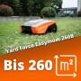 Yard Force EasyMow 260B Mähroboter in Orange-Schwarz auf grünem Rasen im Garten. Für automatische Rasenpflege bis 260 m².