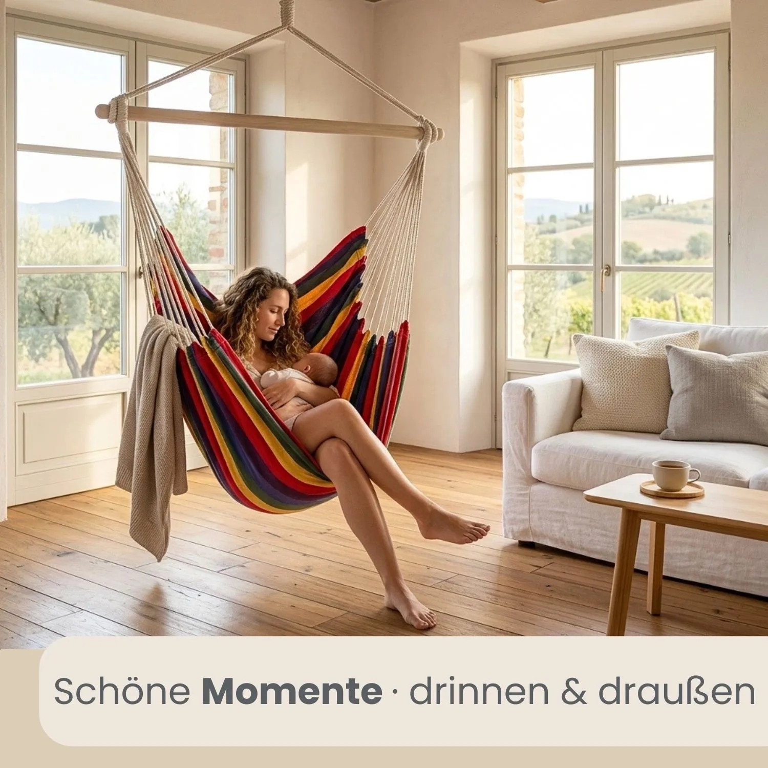 Bunter AMANKA Hängesessel mit Holzspreizstab. Frau entspannt mit Baby im gemütlichen Schwebesessel drinnen. Für Garten & Wohnzimmer.