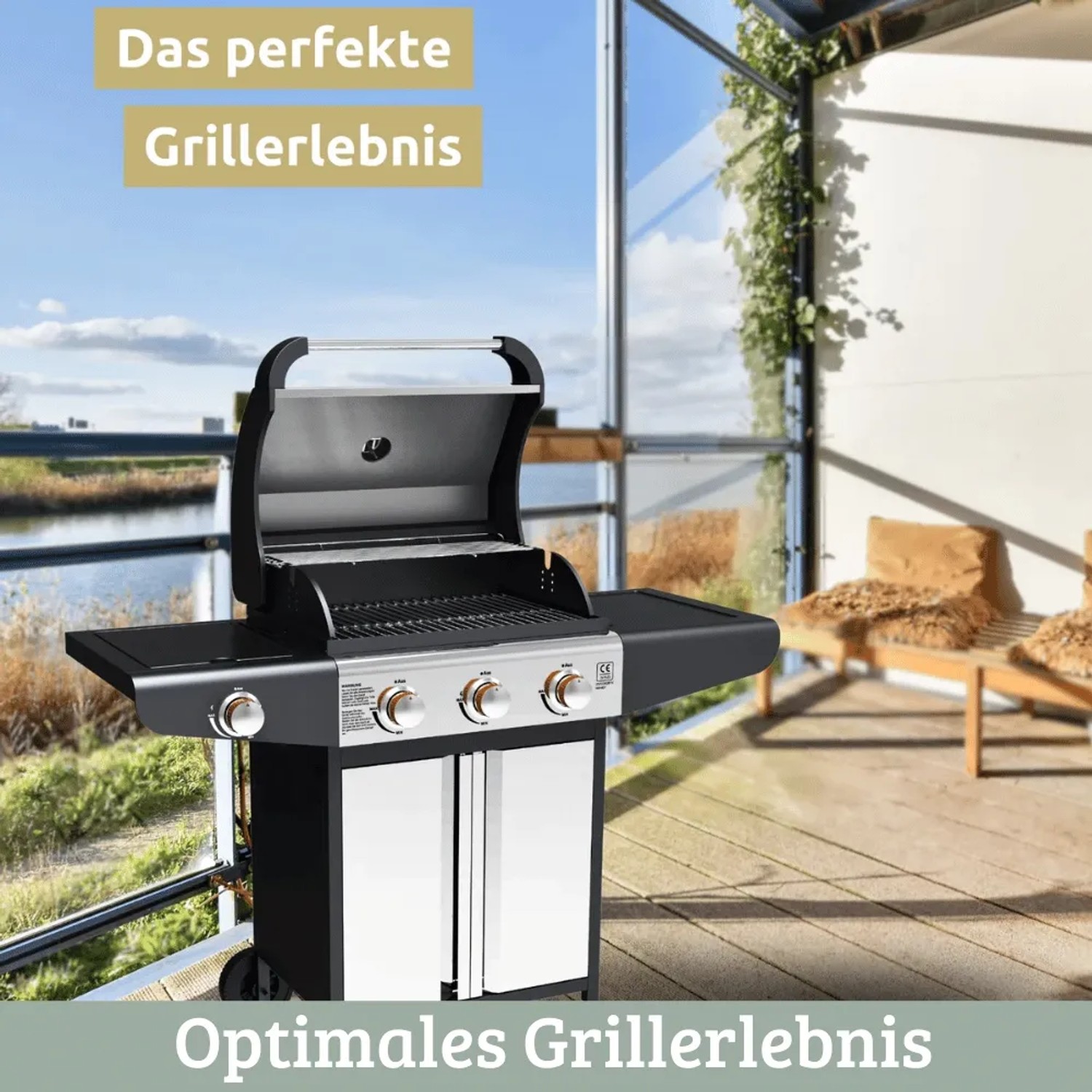 DELUKE Gasgrill 3+1 Brenner mit Deckel DELO mit Handschuhe Grillwagen mit Seitenbrenner Campinggrill mit Seitenablage Thermometer_3
