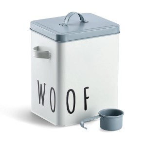 Weiße Zeller Futterdose Woof aus Metall mit blauem Deckel und Schaufel.