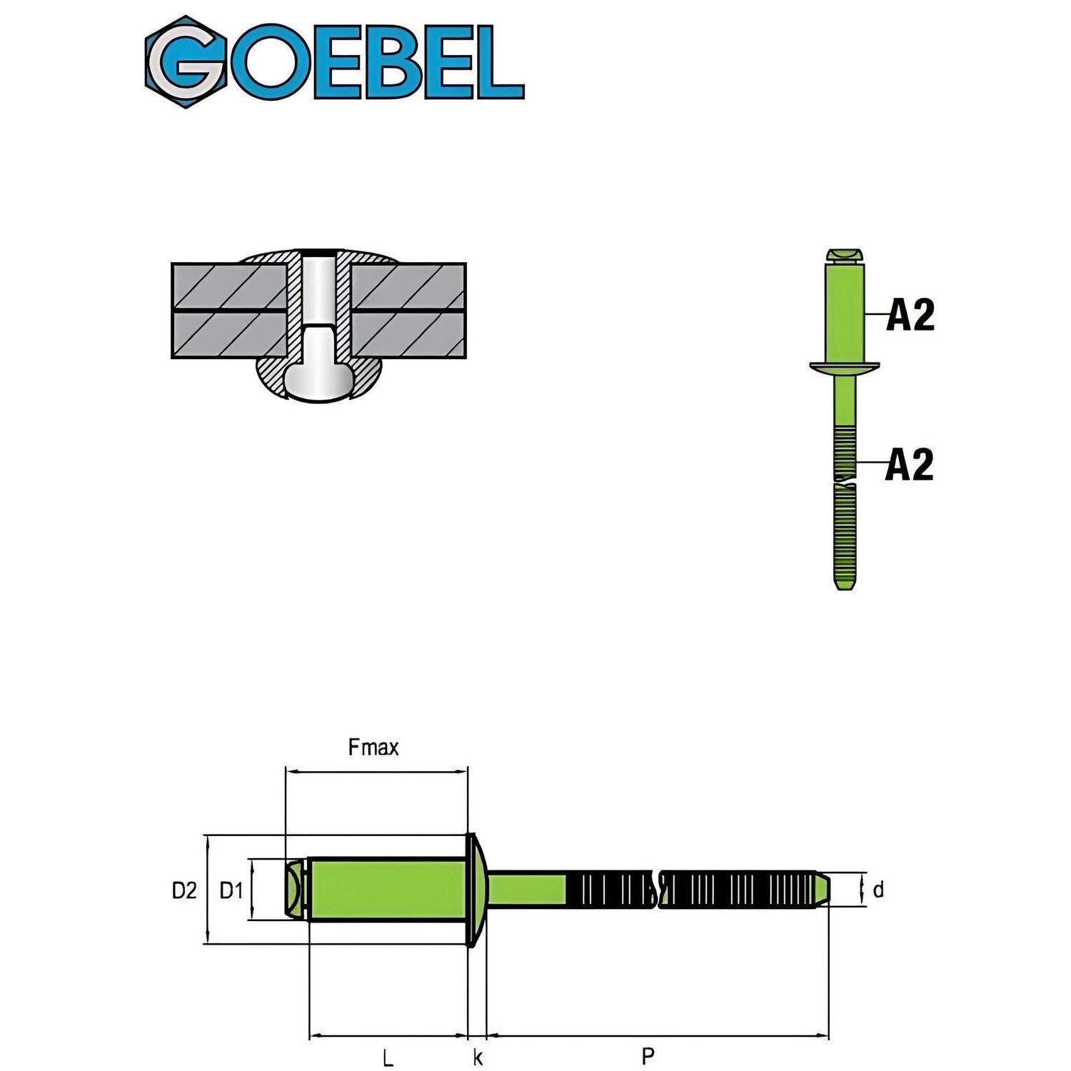 Technische Zeichnung einer GOEBEL 500 Flachkopfniete aus Edelstahl A2, 4,0 x 16,0 mm.