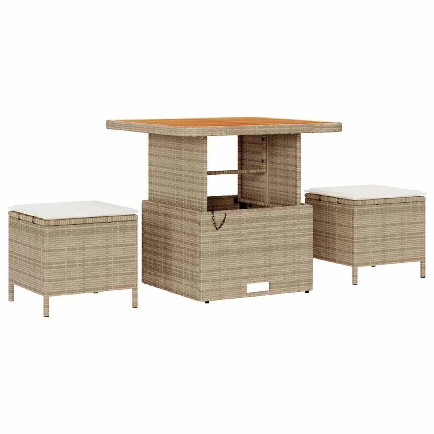 Beiges 10-teiliges Gartenmöbel Set aus Rattan mit Tisch und Hockern inklusive Kissen.