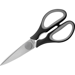 Haushaltsschere mit grau-schwarzem Griff und gezackter Edelstahlklinge.