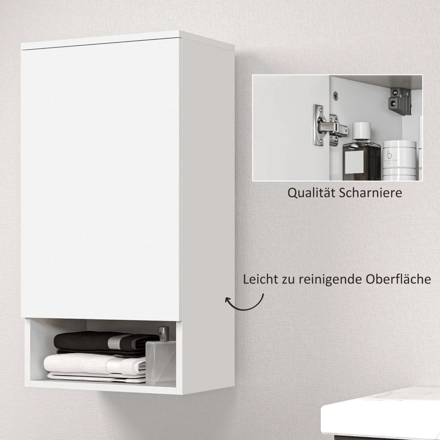 Weißer HOMCOM Wandschrank mit Tür, offenem Fach und Detailaufnahme Scharnier. Badezimmerschrank aus MDF.
