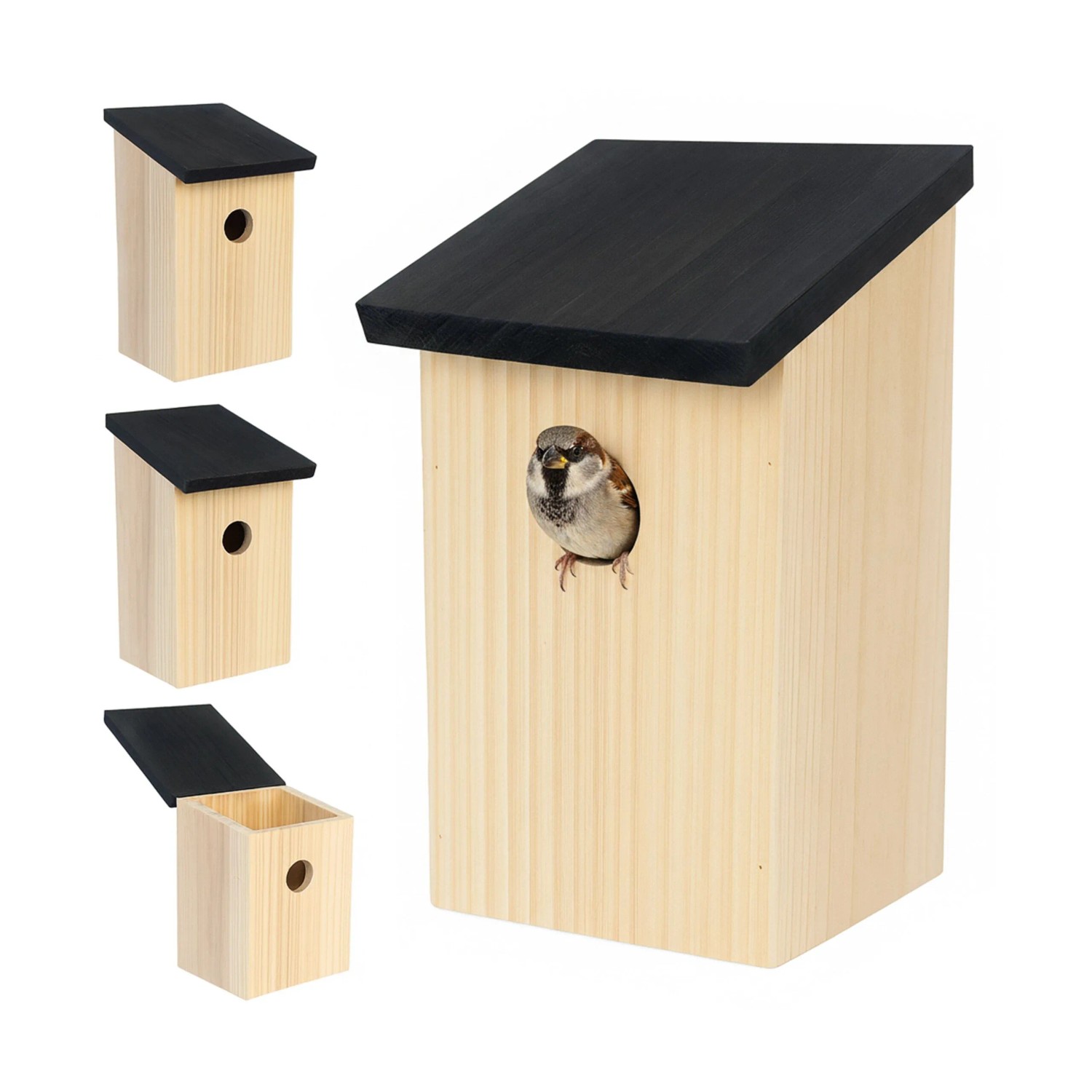 Relaxdays Nistkasten Tannenholz Schwarz Klappdach 4er Set 22 cm x 12 cm x 14 cm