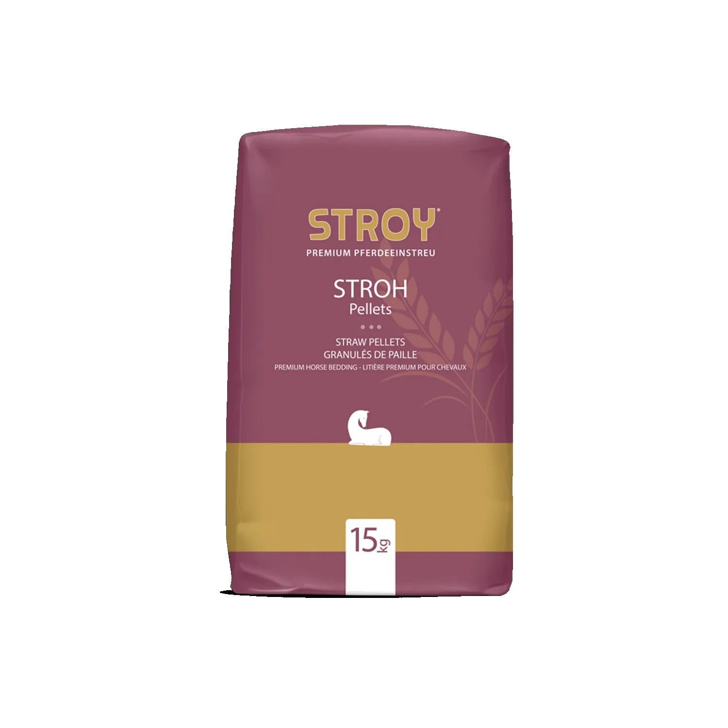 STROY Strohpellets Einstreu 15kg, dunkelrote und goldene Verpackung mit Pferdesymbol.