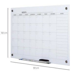 Weiße Glas-Kalendertafel 90x60 cm mit Monatsplaner, Stifthalter, Markern und Radiergummi. Ideal für Büro & Zuhause.