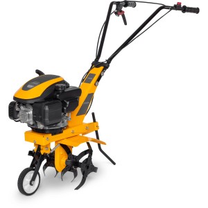 Stiga Benzin-Motorhacke SRC 36 V: gelbe Gartenhacke mit 4 Rotoren und Transportrad.