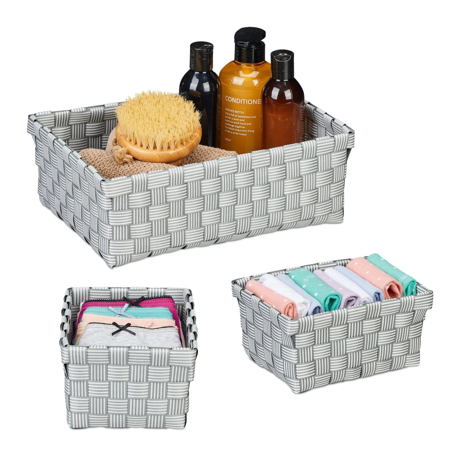 Relaxdays Aufbewahrungskorb 3er Set Kunststoff Eisen Grau Weiß Formstabil 31 cm x 21 cm x 11 cm und 18,5 cm x 14,5 cm x 10 cm