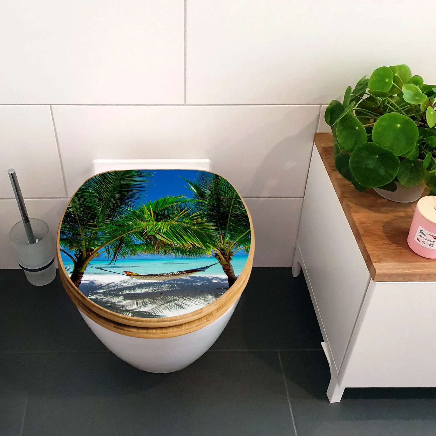 Banjado WC-Sitz aus Bambus mit Strandmotiv. Toilettendeckel mit Absenkautomatik.