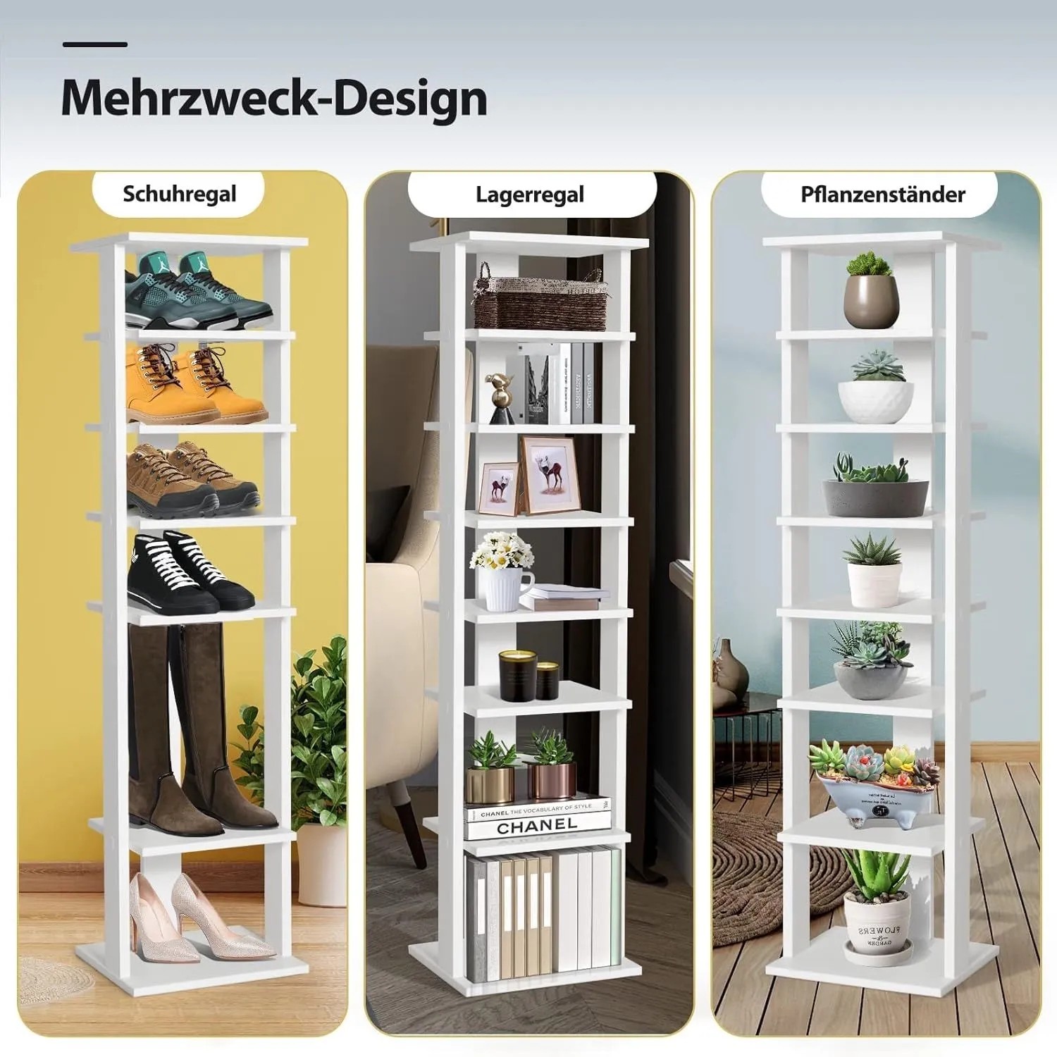 Weißes 8-stufiges Schuhregal aus Holz, vielseitig als Lagerregal oder Pflanzenständer nutzbar. Schmale Aufbewahrung.