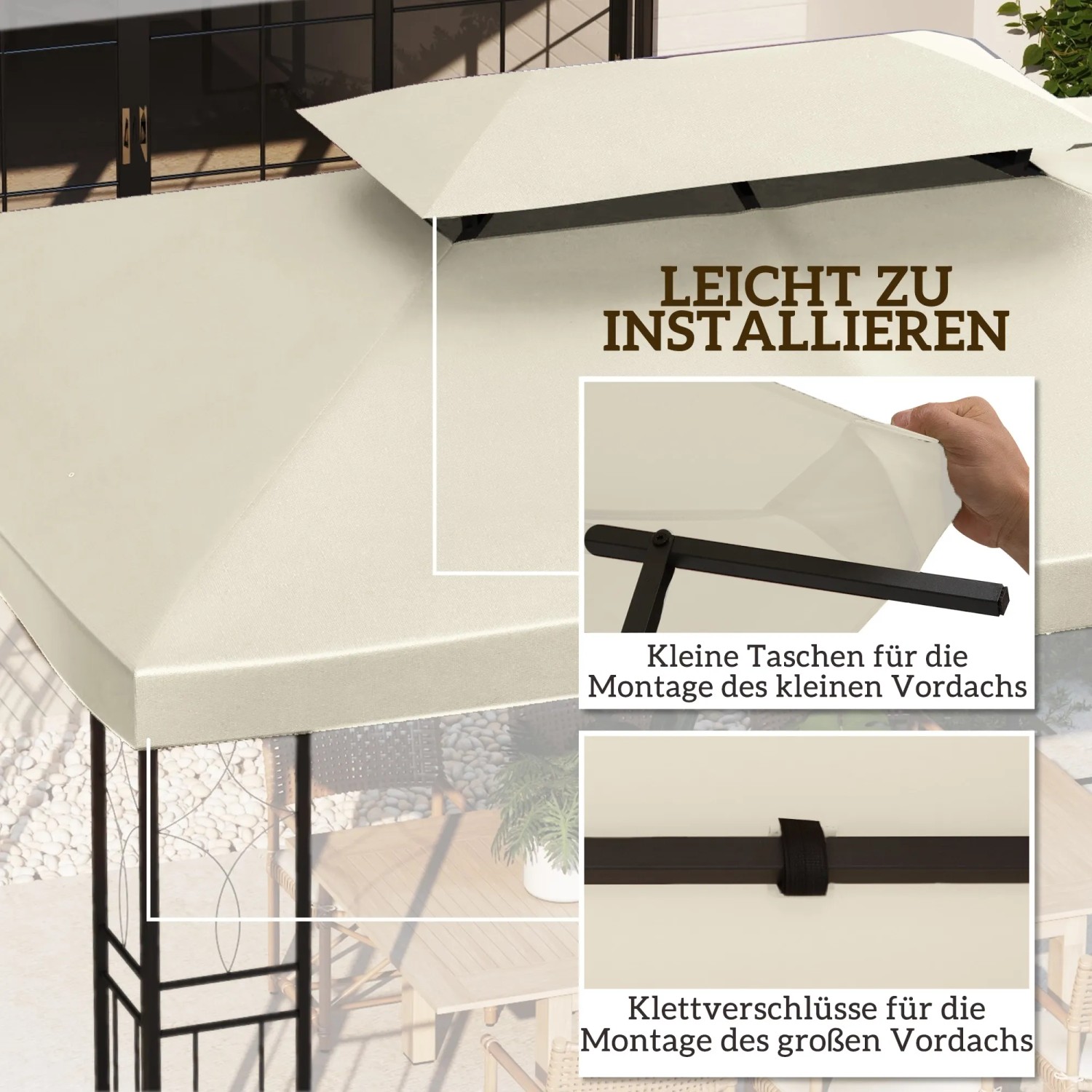 Outsunny Ersatzdach, cremeweiß, 3x4m. Detailaufnahme der einfachen Montage mit Taschen und Klettverschlüssen.