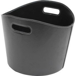 Schwarzer Kaminholzkorb aus Leder mit Tragegriffen für Kaminholz und Zubehör.