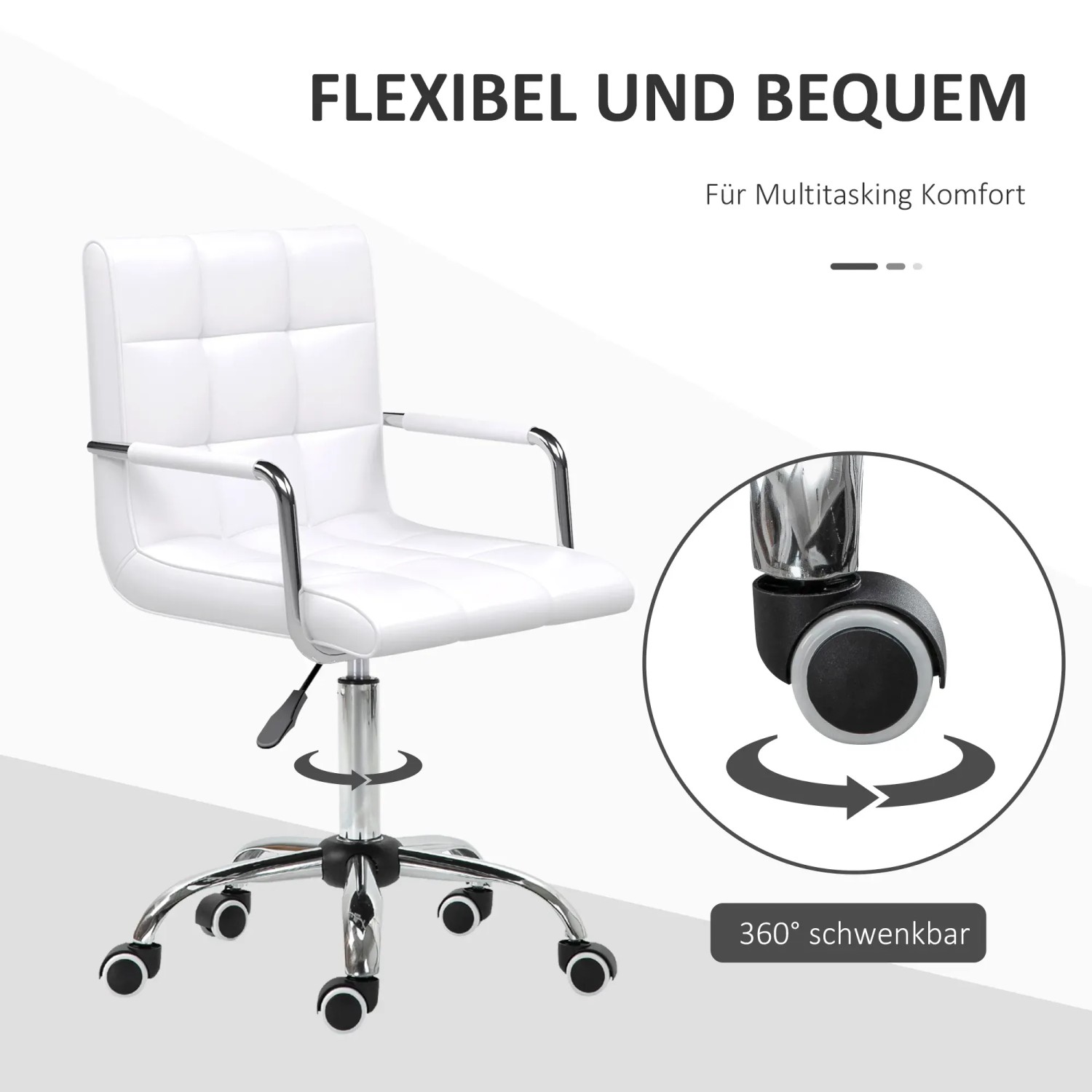 HOMCOM Bürostuhl, weißes Kunstleder, höhenverstellbar, mit Rollen für flexible Nutzung.