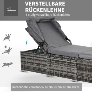 Outsunny Polyrattan Sonnenliege: Verstellbare Rückenlehne mit grauem Sonnendach und Kissen.