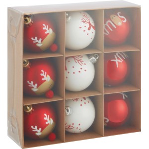 Set aus 9 roten und weißen Weihnachtskugeln (6cm) mit verschiedenen Motiven.