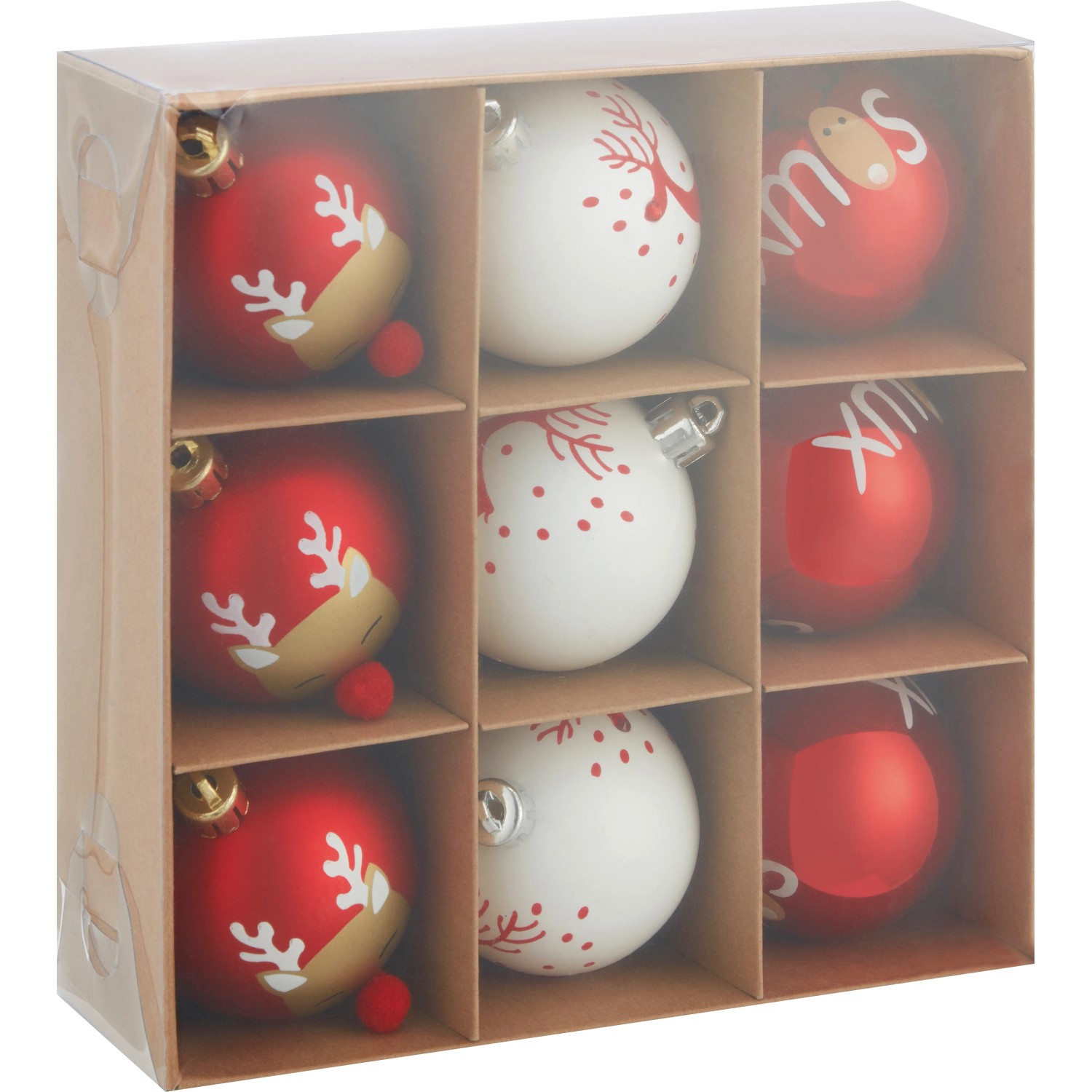 Set aus 9 roten und weißen Weihnachtskugeln (6cm) mit verschiedenen Motiven.