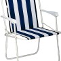 Weißer Klappstuhl Chiemsee mit blau-weiß gestreiftem Bezug für Camping und Garten.