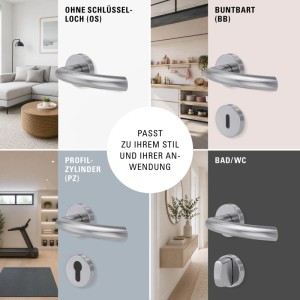 Novadoors Nova Amico 340 Türgriffgarnitur aus mattem Edelstahl für Innentüren, gezeigt in WC, BB, PZ und ohne Schloss.