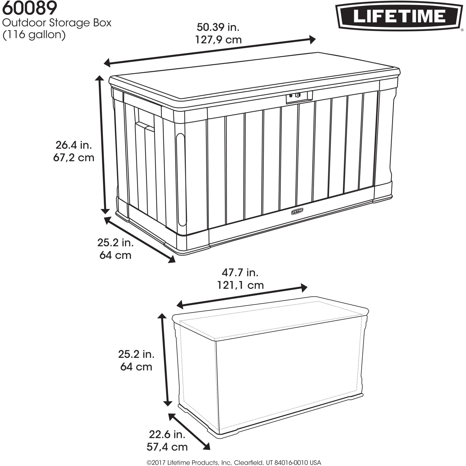 Abbildung der Lifetime Gartenbox, 128x64x67 cm, dunkelbraun, mit Maßangaben.