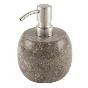 Runder, grauer Seifenspender aus Marmor mit silberfarbenem Pumpkopf, 13,5 cm hoch.