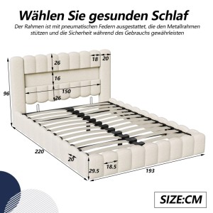 PXloue Baumstumpfbett Polsterbett mit LED Stauraum&USB Linen 180x200cm Beige