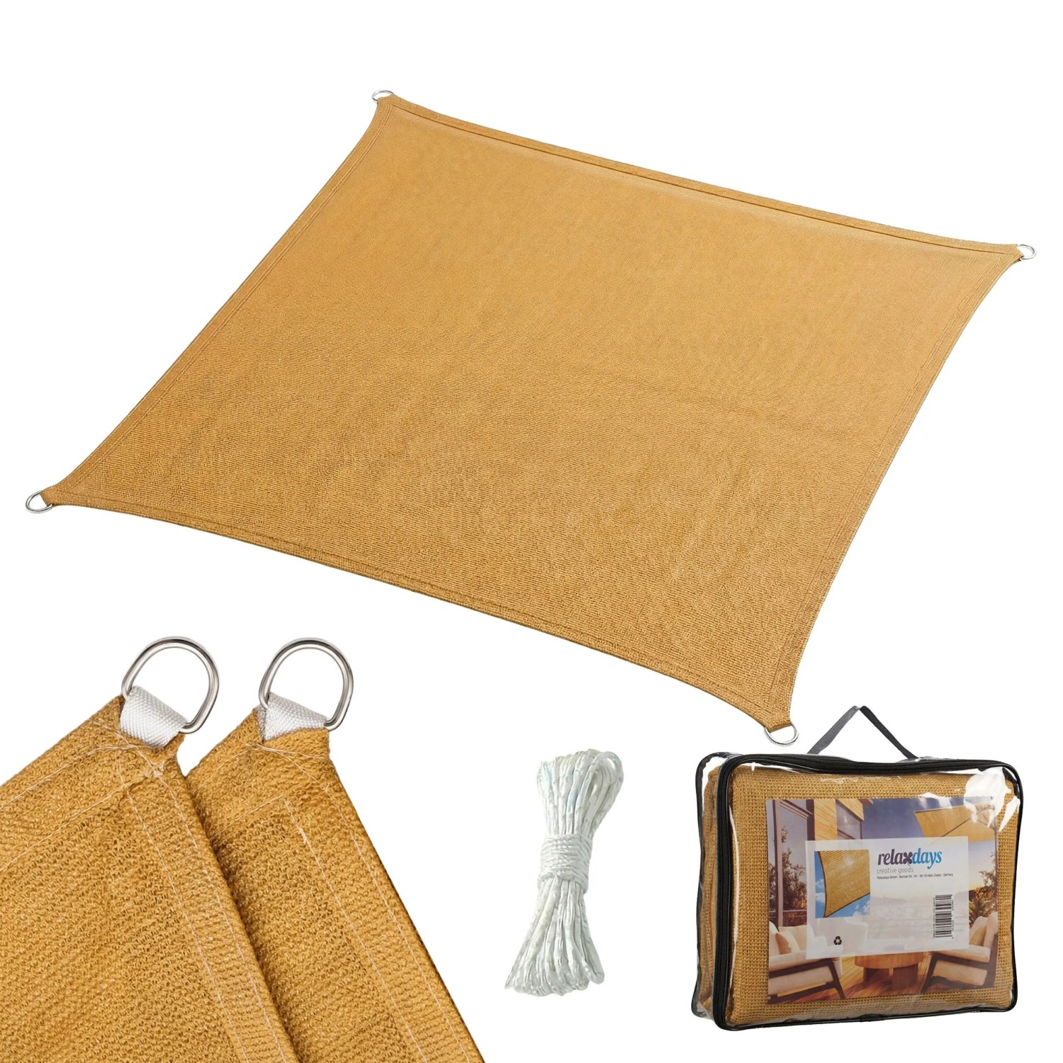 Relaxdays Sonnensegel HDPE Sand Atmungsaktiv 2 m x 2 m