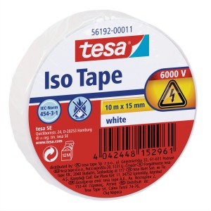 Tesa Iso Tape, weiß, 10m x 15mm, zum Isolieren und Reparieren von elektrischen Leitungen.