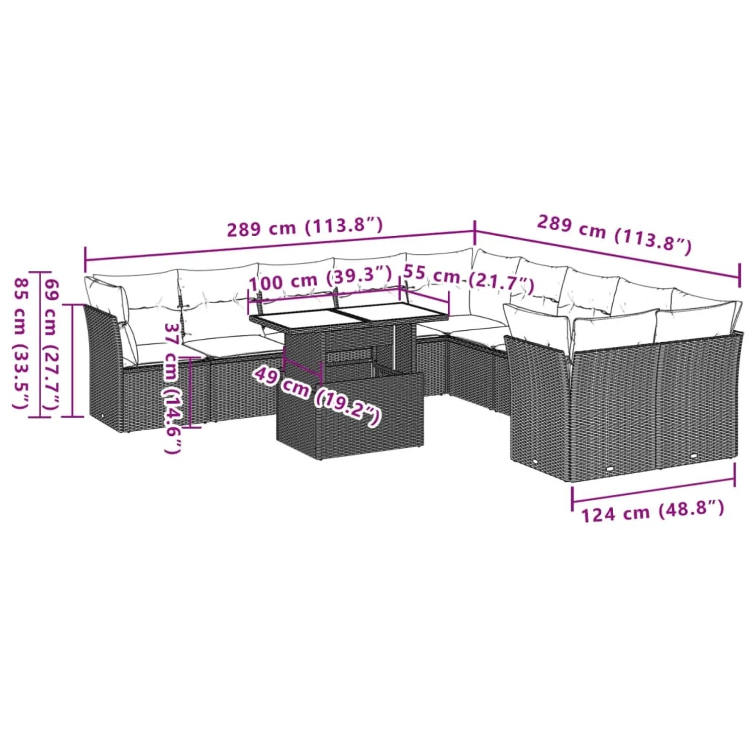 vidaXL Garten-Sofagarnitur, 11-teilig, braunes Poly Rattan mit Maßen. Ideal für Terrasse und Garten.