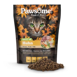 Pawsome Katzen-Trockenfutter Huhn, 750g Packung mit Futterstücken im Vordergrund.