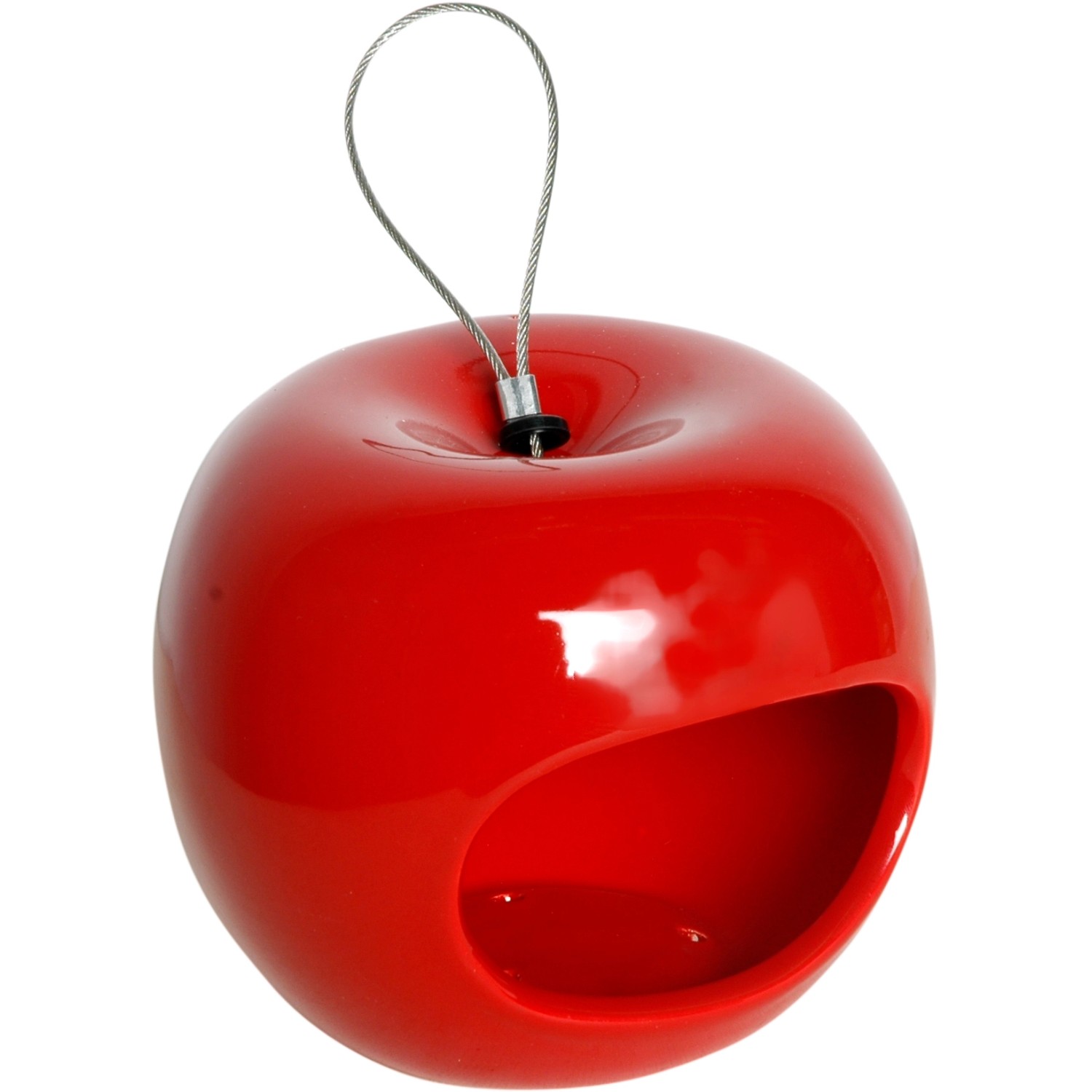 Roter Keramik-Futterspender in Apfelform von Dobar, Teil eines 3er-Sets für Wildvögel.