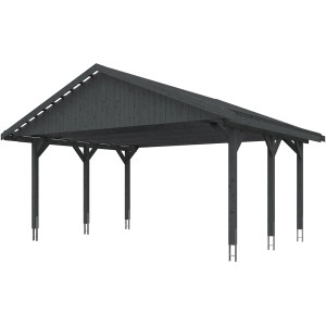 Satteldach-Carport Wallgau in Schiefergrau, Holzkonstruktion mit Dachlattung für Dachziegel.