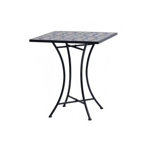 Quadratischer Mojawo Mosaiktisch für Garten/Balkon, 61x61x70cm. Gartentisch mit blau-weiß-gelbem Mosaikmuster.