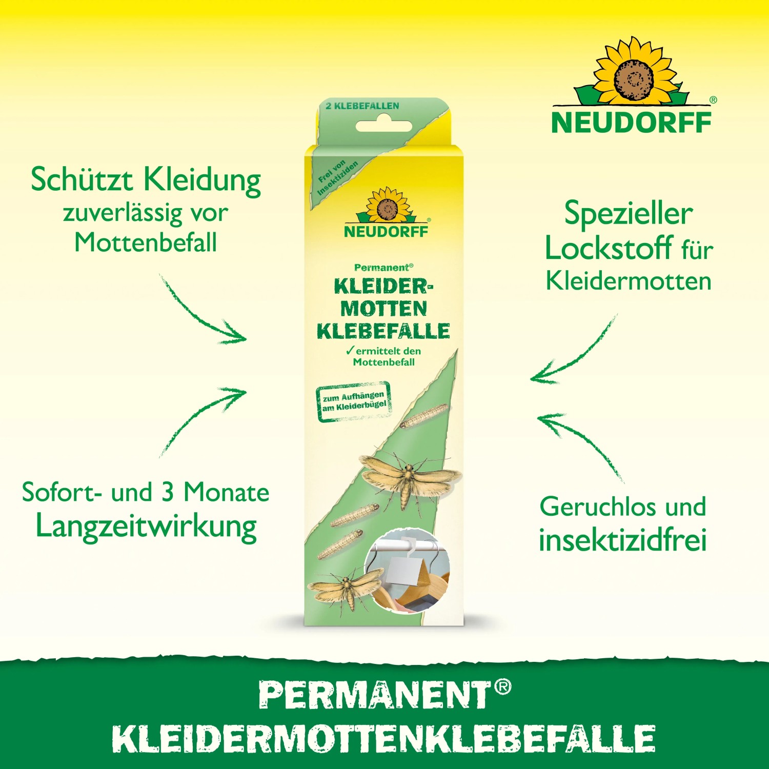 Neudorff Kleidermottenfalle, 2er-Pack: Klebefalle zur Erkennung von Mottenbefall in Kleiderschränken.