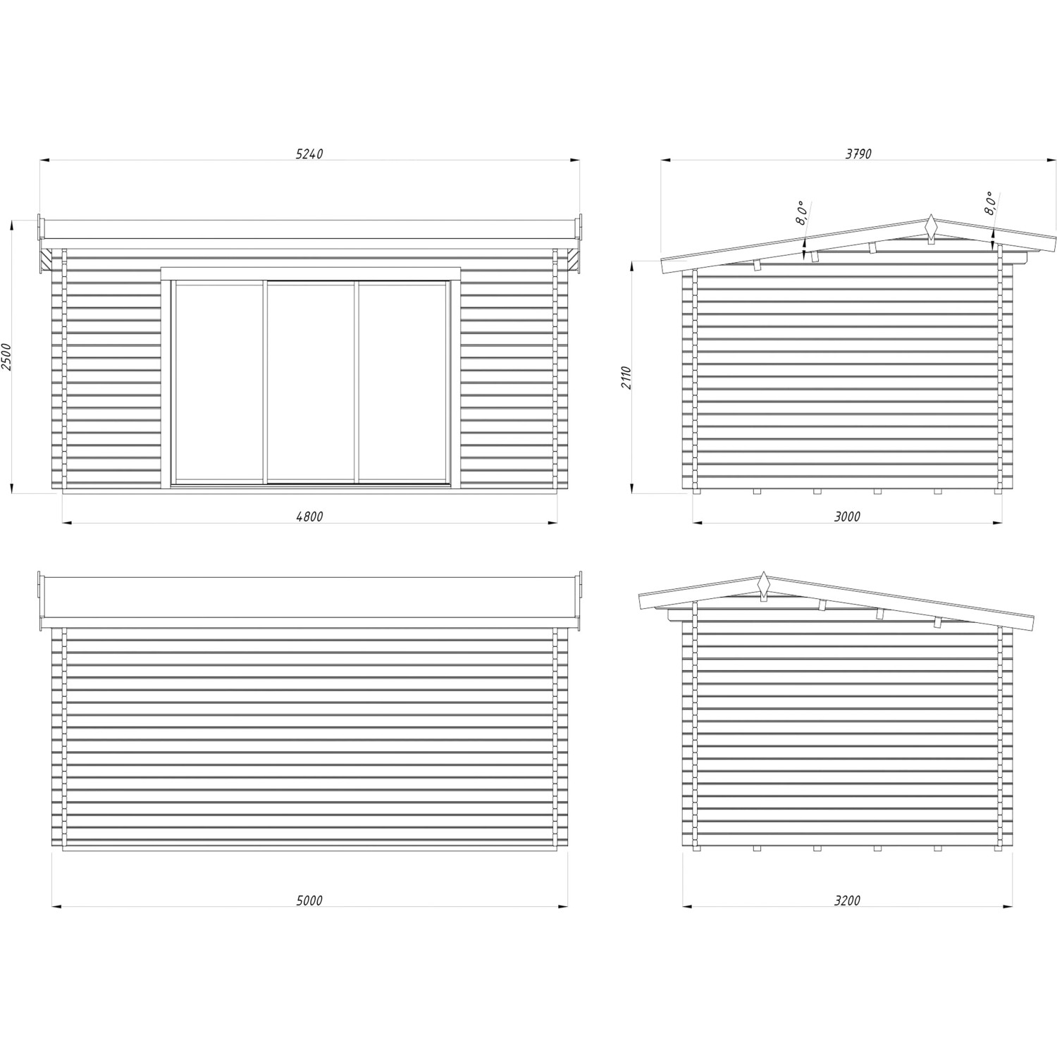 Technische Zeichnung Palmako Gartenhaus Ines Slide, naturbelassen, mit Maßen.