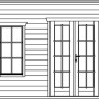Illustration: Skan Holz Gartenhaus Breda, schiefergrau, mit Fenster und Doppeltür.