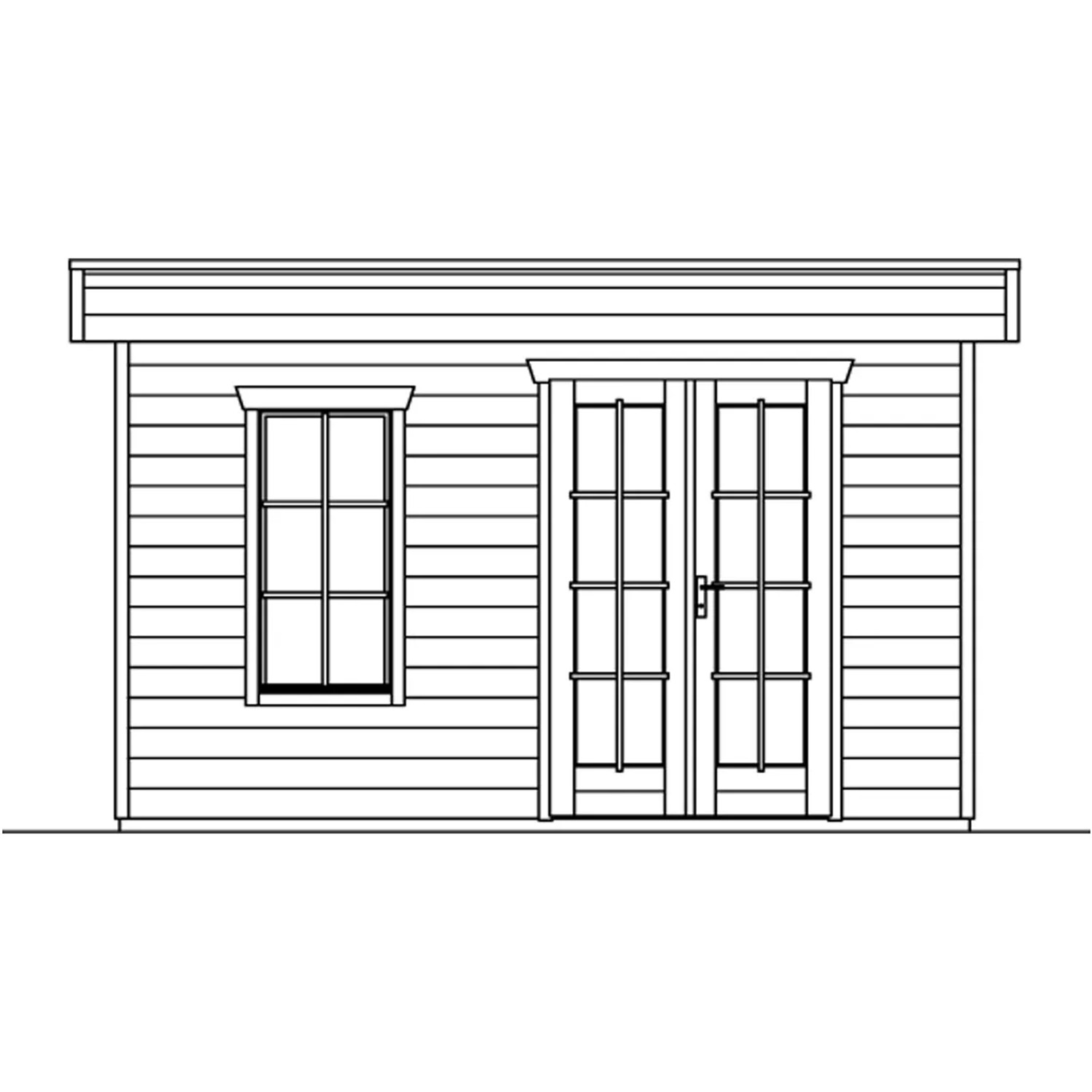 Illustration: Skan Holz Gartenhaus Breda, schiefergrau, mit Fenster und Doppeltür.