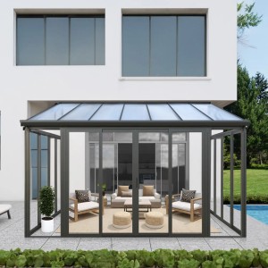 Home Deluxe Wintergarten AMARIS, anthrazitfarbener Pavillon mit Glasfronten und Sitzgruppe.