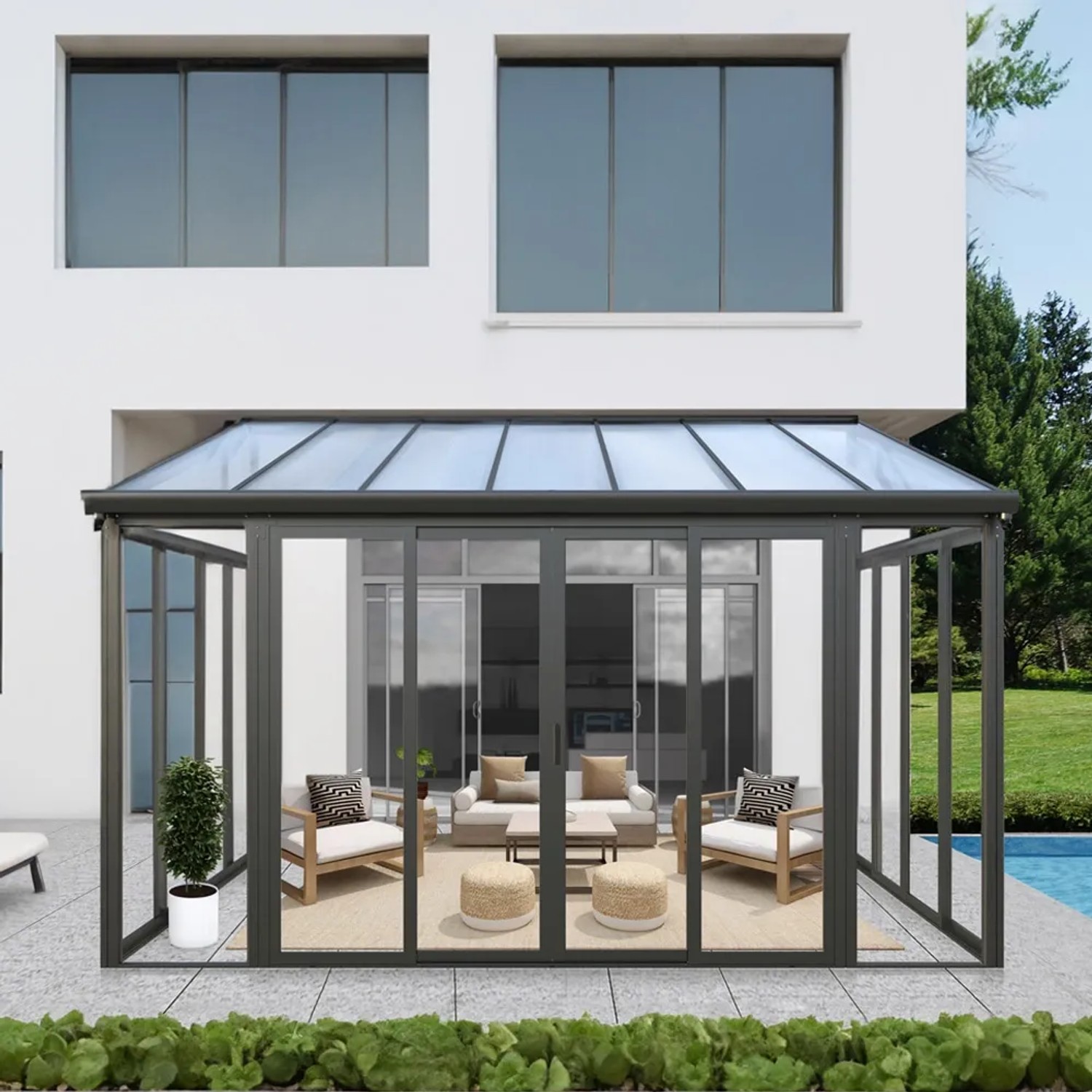 Home Deluxe Wintergarten AMARIS, anthrazitfarbener Pavillon mit Glasfronten und Sitzgruppe.